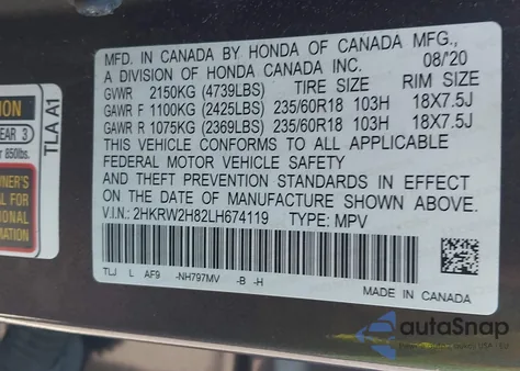 2020 Honda Cr-V Exl from USA, damaged, VIN 2HKRW2H82LH674119